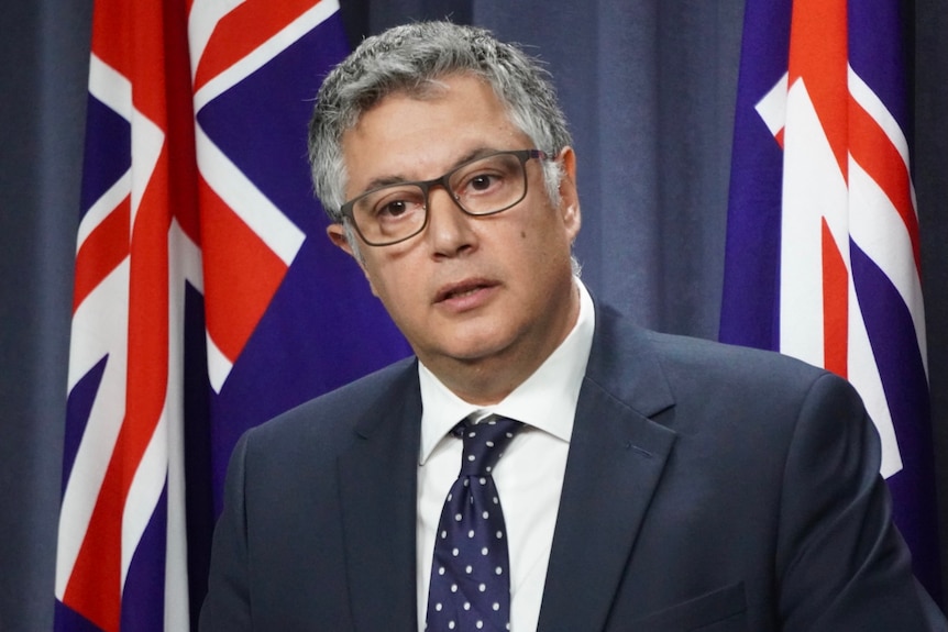 A head and shoulders shot of a man wearing a suit, tie and spectacles speaking at a media conference in front of two flags.