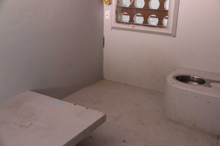 A small and dirty jail cell with a concrete slab bed and toilet in corner.