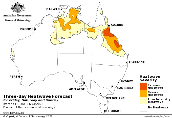 Map showing severe to extreme heatwave conditions expected south from Cairns. 