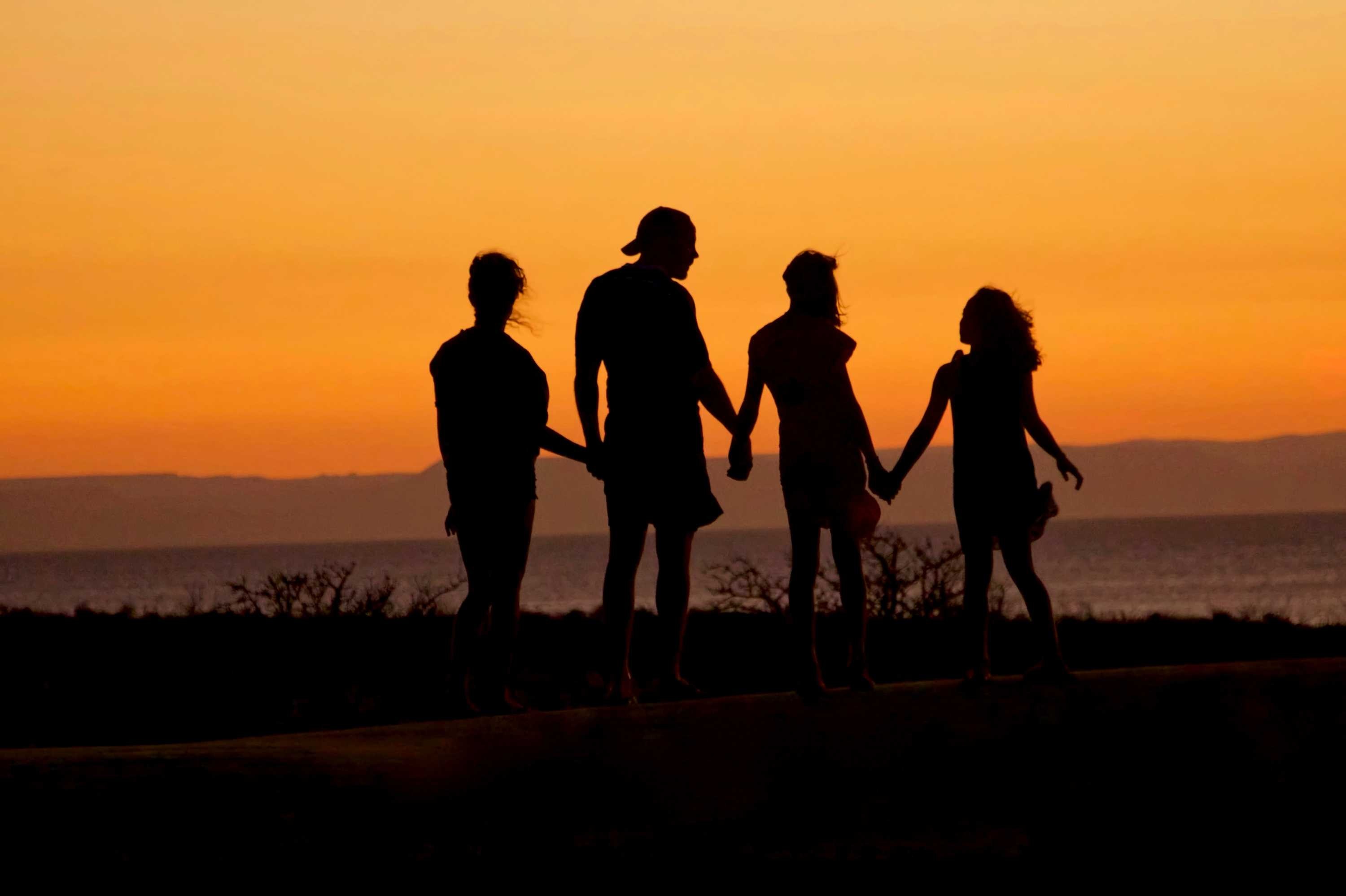 Family holding hands silhouetted against the sunset