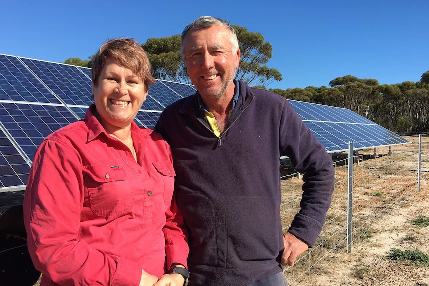 Two farmers stand, smiling, in front of a bank of solar panels near a patch of bush