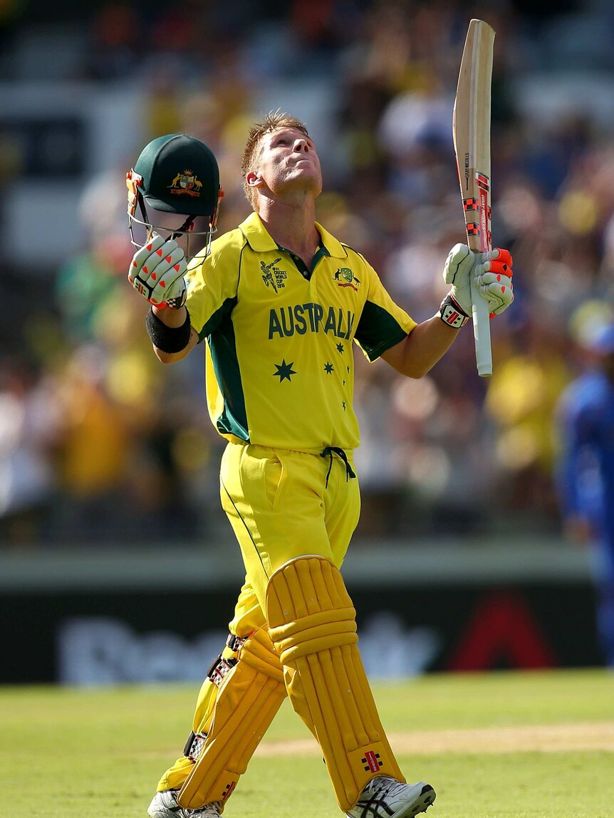 David Warner of Australia celebrates after scoring his century