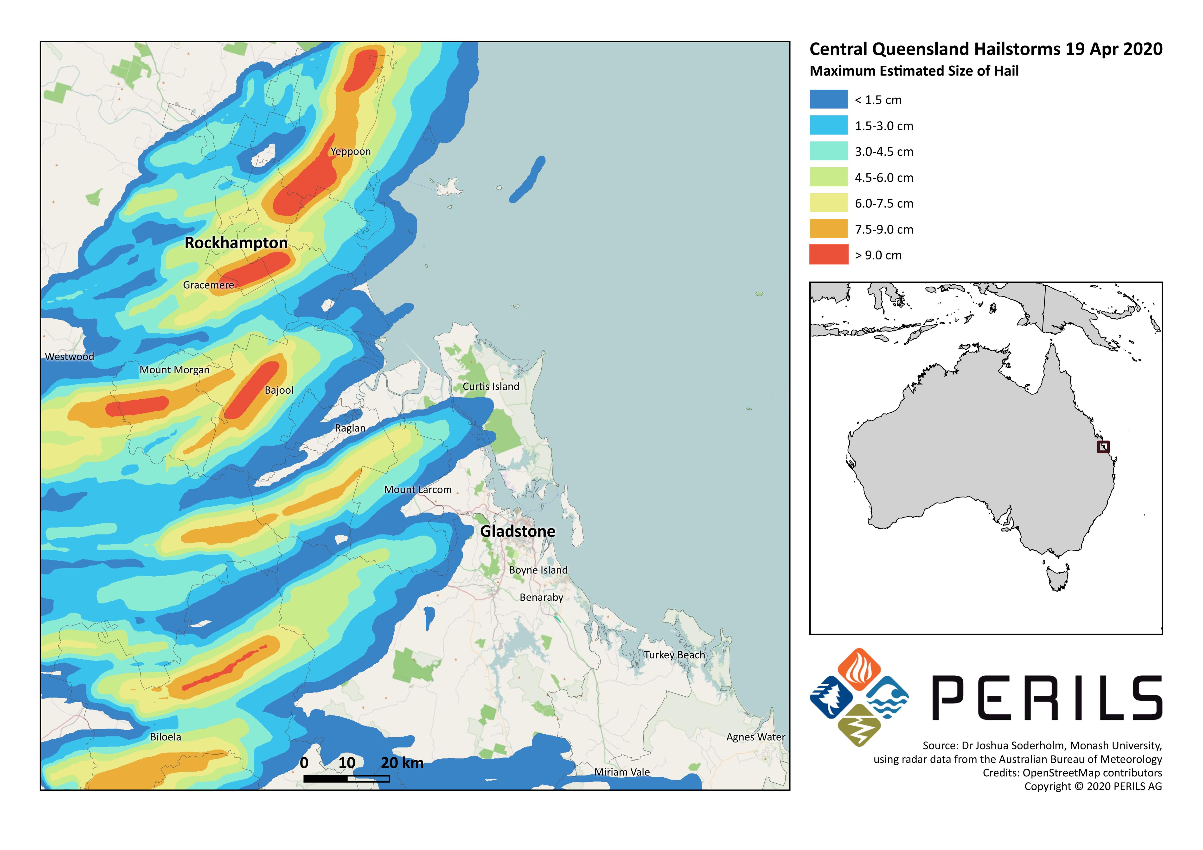 Map of Central Queensland shows colour grading to illustrate where the largest hail fell in the April 19, 2020 storm. 