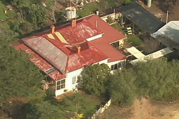 An aerial view of a farmhouse at Parwan, Victoria where two bodies were found.