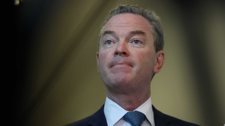 Mr Pyne mouth is closed, and he's looking to the left of frame. He's wearing a blue tie.