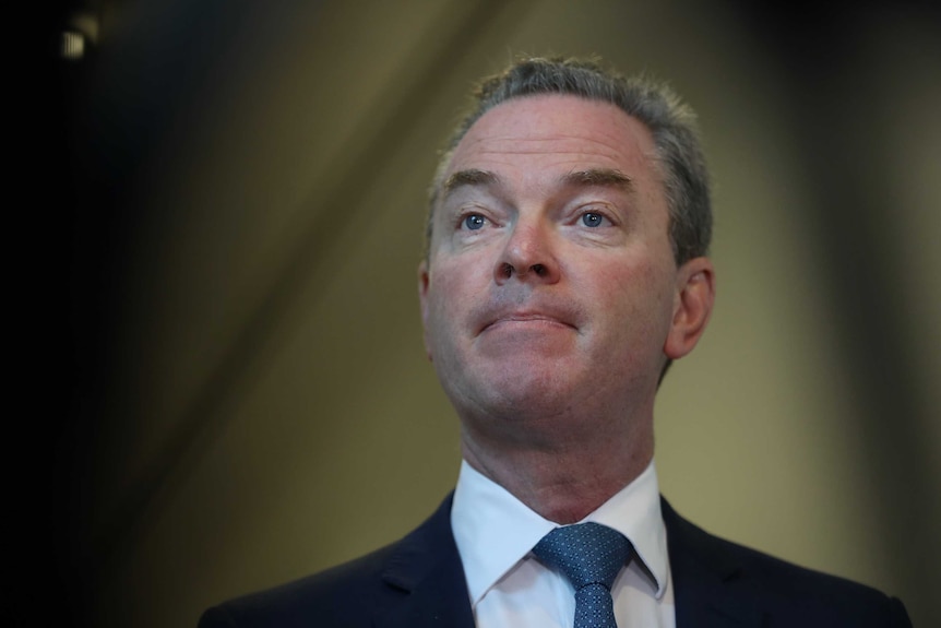 Mr Pyne mouth is closed, and he's looking to the left of frame. He's wearing a blue tie.