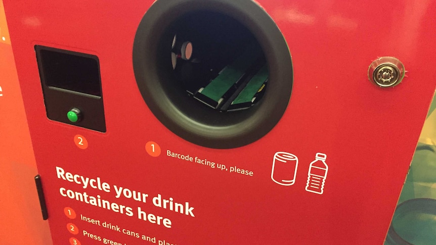 A 'reverse vending machine' for container deposit refunds. Drink containers are scanned for their barcodes.