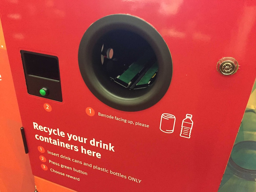 A 'reverse vending machine' for container deposit refunds. Drink containers are scanned for their barcodes.