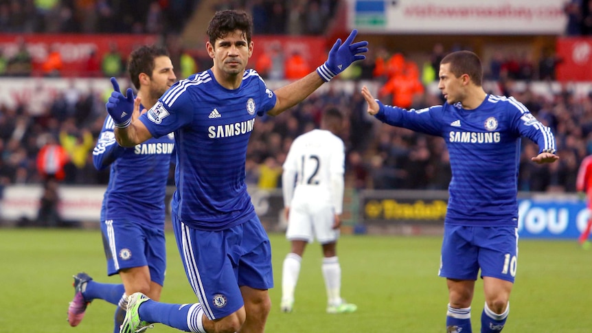 Costa celebrates a goal during Chelsea's win over Swansea