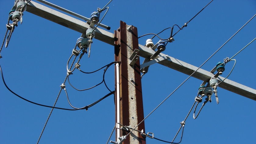 Overhead wires on a power pole, known in Adelaide as a stobie pole, named after its inventor.