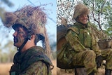 Two photos of interesting camoflage headress in a Japanese style.