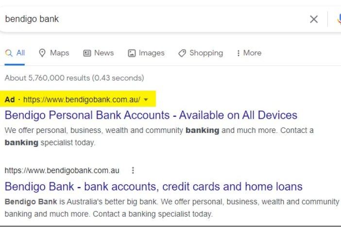 A screenshot of Google results with two options for Bendigo Bank.