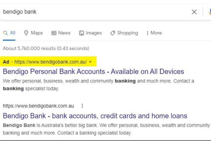 A screenshot of Google results with two options for Bendigo Bank.