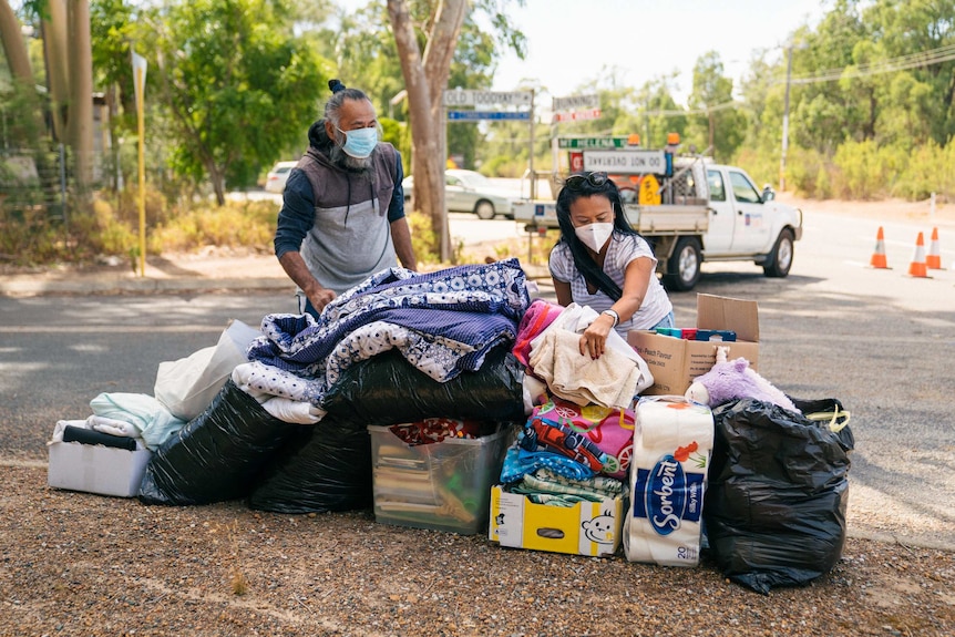 Donations are organised on the side of a road