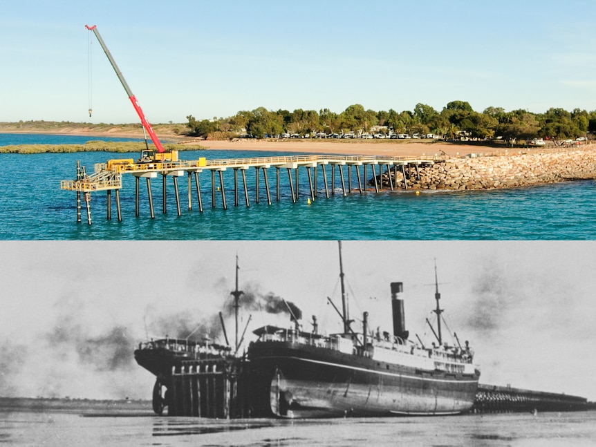 A new jetty above a photo of an old jetty with two steamships.