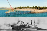 A new jetty above a photo of an old jetty with two steamships.