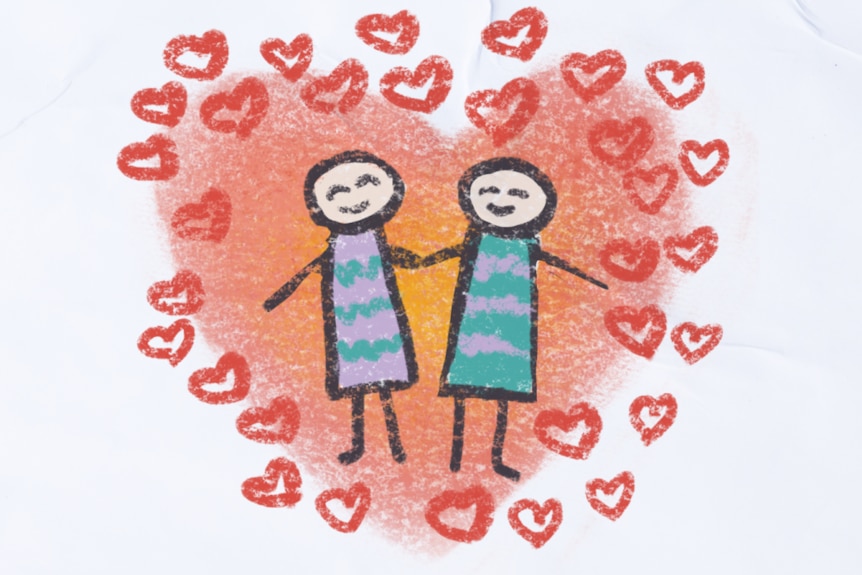 Child-like drawing of a couple surrounded by love hearts.