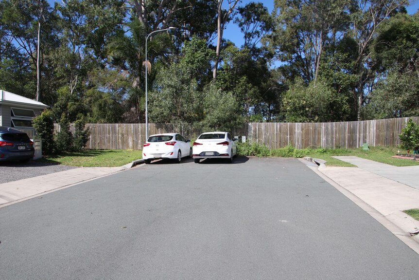 Two white cars parked at the end of a street with driveways either side.