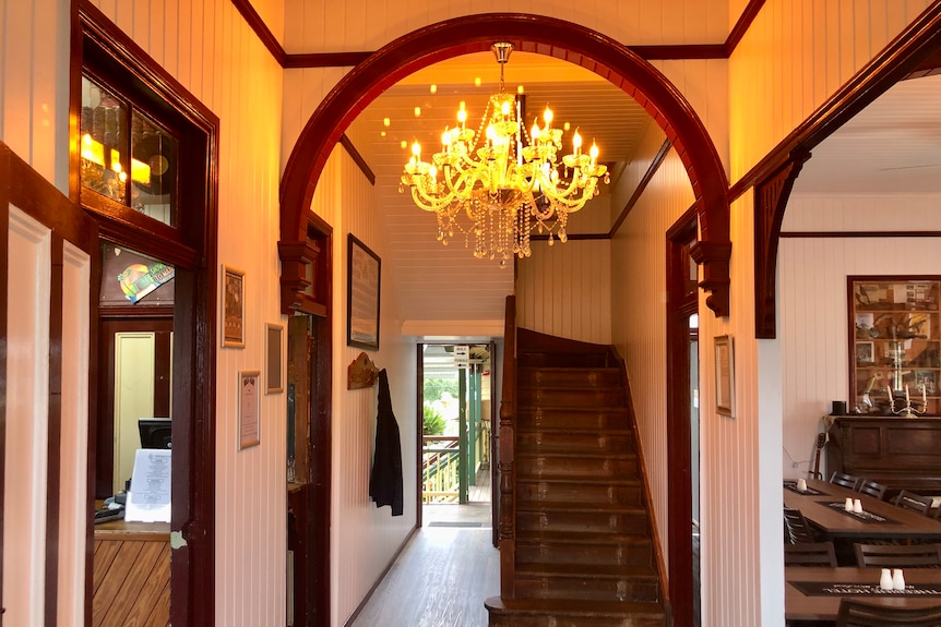 A big chandelier in the hallway.