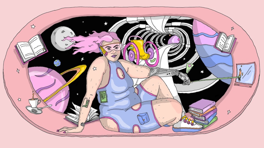 An illustration of a woman with cyborg arm sitting in space, a wheelchair and portal in the background