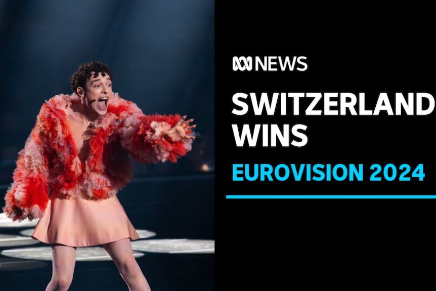 Switzerland Wins, Eurovision 2024: A man in a flowery jacket and dress sings on stage.