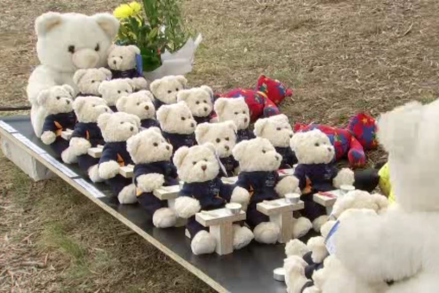 Teddy bears in a line.