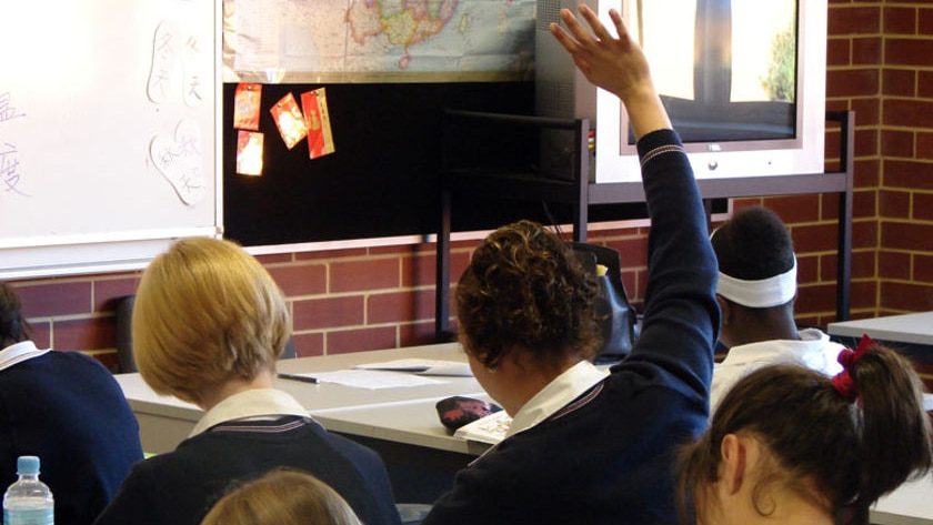 School student with hand up in class