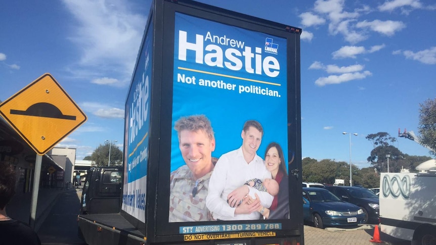 Andrew Hastie's campaign truck, featuring the Army uniform