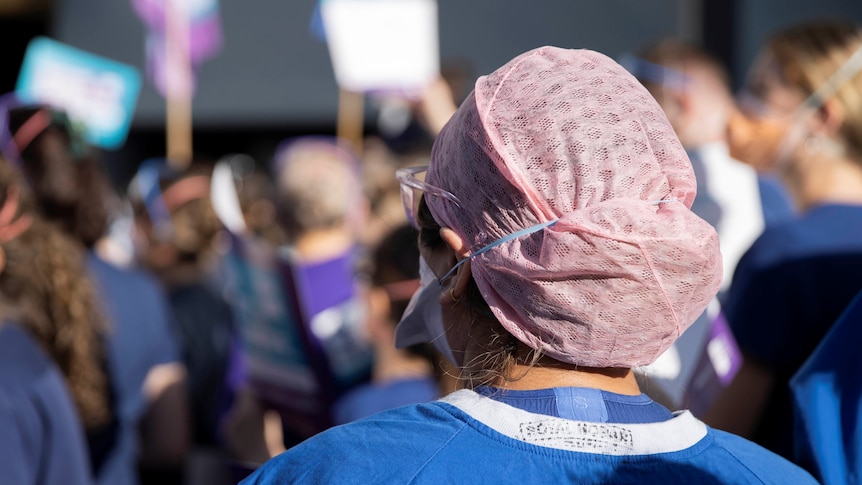 A nurse wearing hair net and mask, seen from behind, with other nurses in a group.