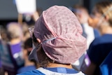 A nurse wearing hair net and mask, seen from behind, with other nurses in a group.