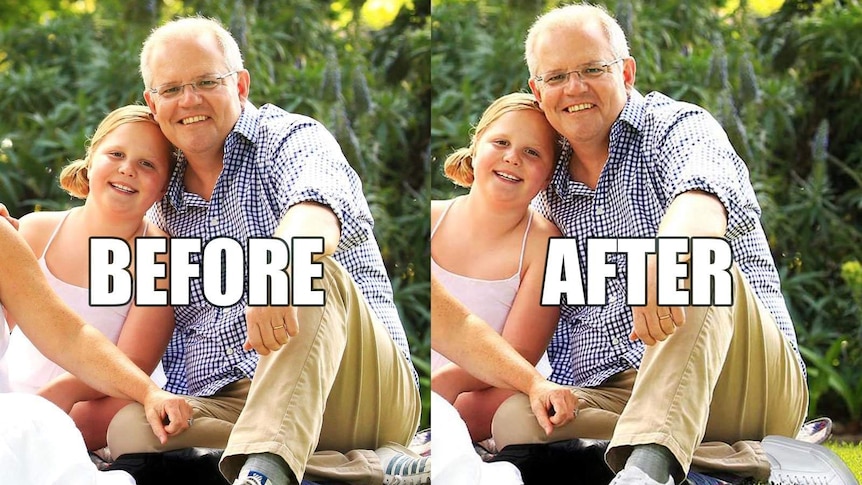 Side-by-side before and after shots of Scott Morrison with and without photoshopped shoes.