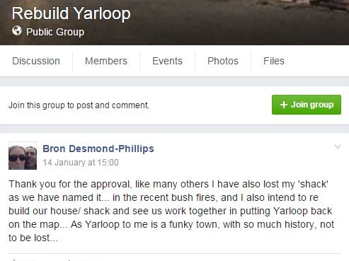 A post from Bron Desmond-Philips on the Rebuild Yarloop Facebook group about losing her shack in the recent bushfire.