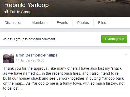 A post from Bron Desmond-Philips on the Rebuild Yarloop Facebook group about losing her shack in the recent bushfire.