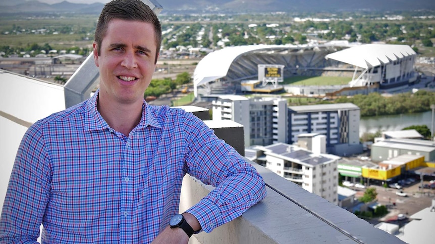 Hotel Manager Paul Gray stands on the hotel rooftop which overlooks Townsville's new stadium