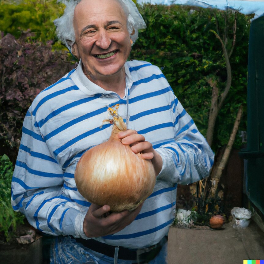 An AI-generated image of an elderly white male farmer holding a very large onion and smiling