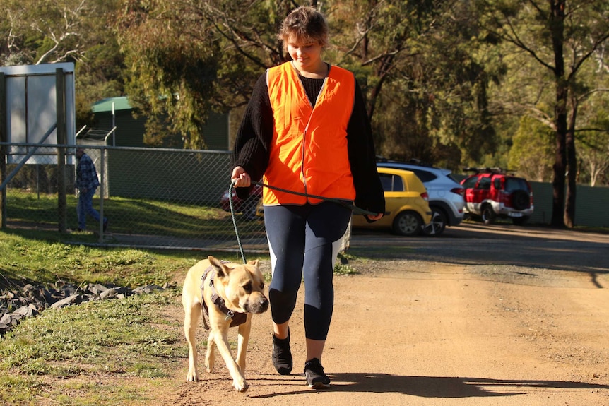 A woman walking a dog in Hobart's dogs' home.