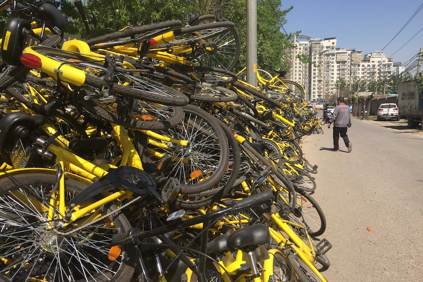 A wall of yellow broken and unused bikes in a Chinese street.