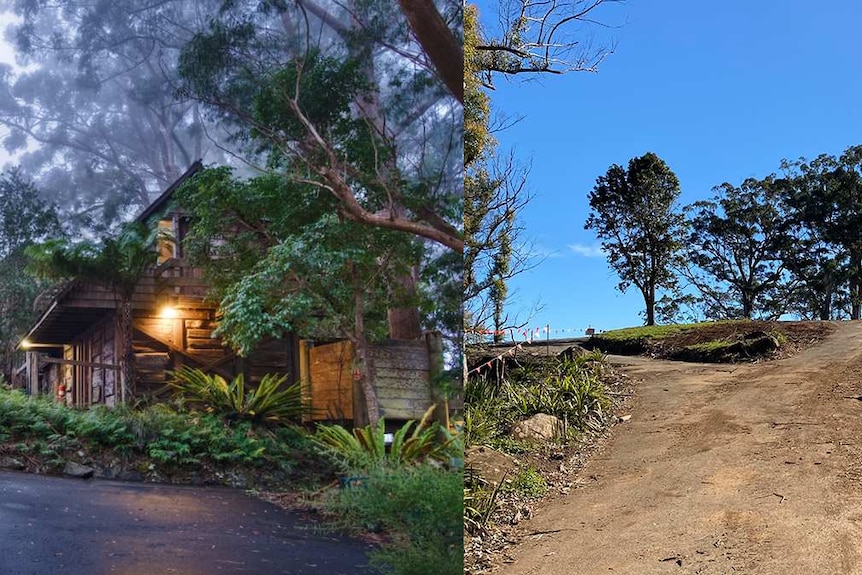 left hand image of wooden lodge in lush misty mountain and right side barren dirt with a handful of trees in the background