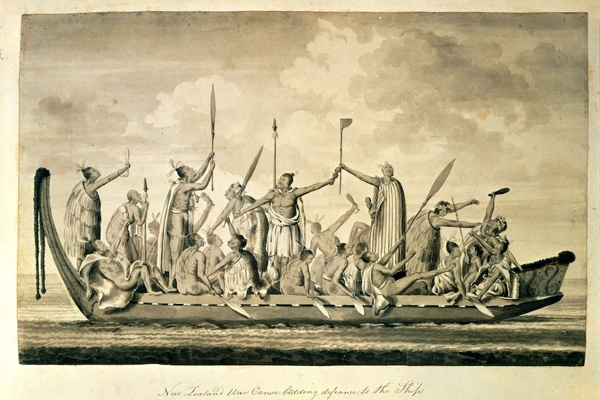 Old style drawing depicts a canoe with Maori warriors atop.