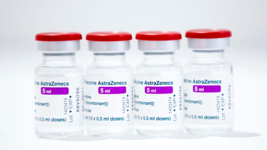 Four vials of AstraZeneca vaccine against COVID-19 are displayed at the newly opened Italian Red Cross Vaccination hub.