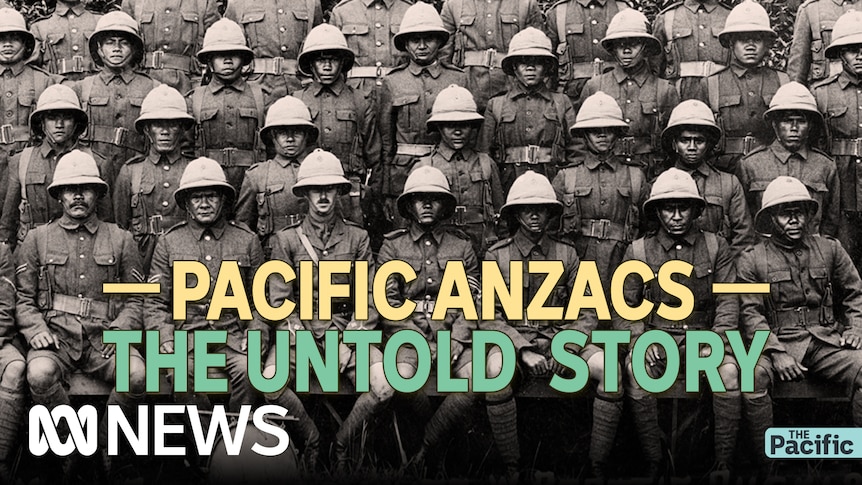 Black and white image of soldiers in uniform stare. Words read 'Pacific ANZACS - the untold story'.