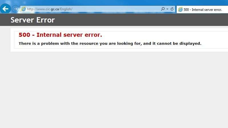 An error message is displayed on Canada's main immigration website.