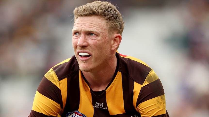 James Sicily playing for the Hawks during a 2023 AFL match.