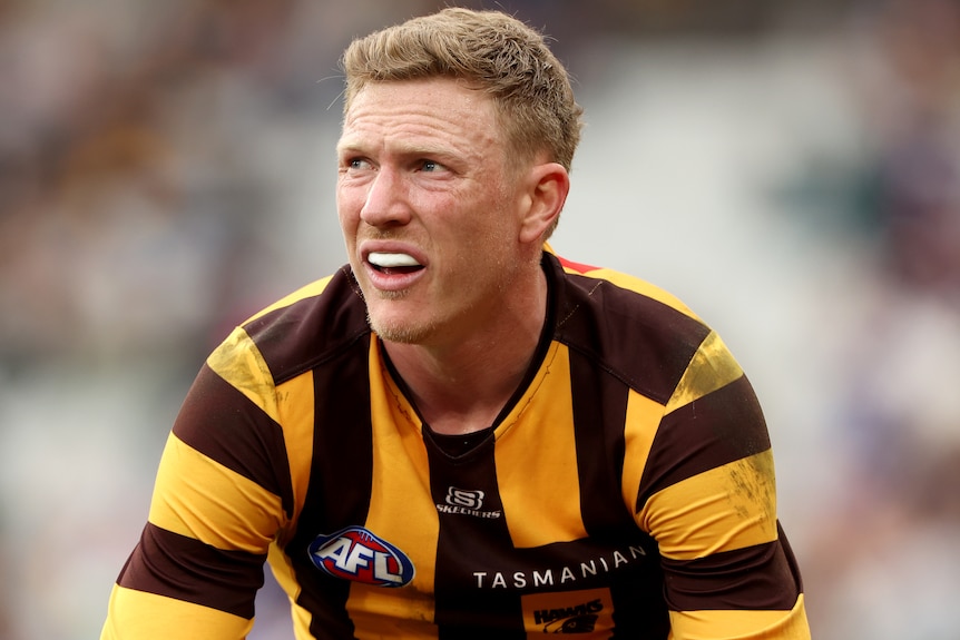James Sicily playing for the Hawks during a 2023 AFL match.