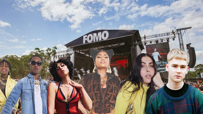 FOMO Festival collage featuring Rae Sremmurd, Kali Uchis, Nicki Minaj, Anna Lunoe, Mura Masa against crowd shot