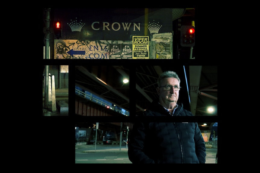 Images in separate spaced-apart rectangles showing Peter standing under a bridge, and Crown sign surrounded by graffiti. 