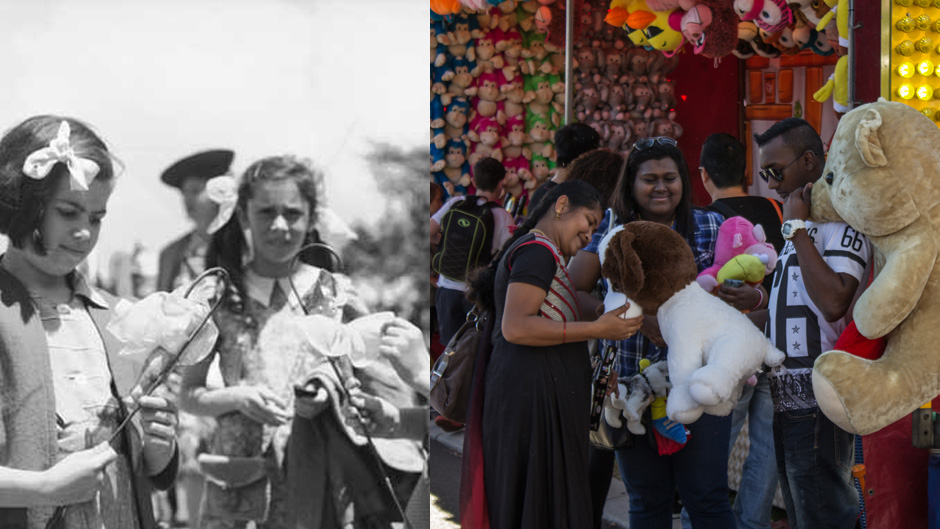 A bemused girl looks at a Kewpie doll on a stick in 1945; a group inspects their giant soft animals in 2015.