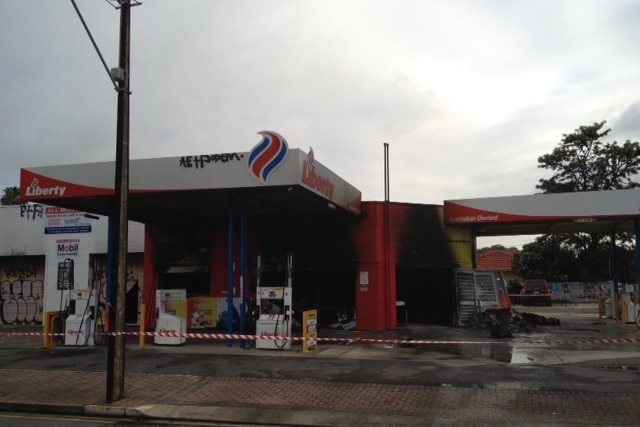 Liberty Service Station destroyed by fire at South Plympton, Adelaide, 15 August 2012