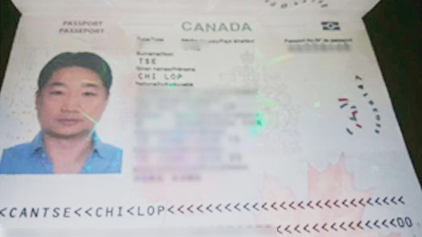 a photo of Tse Chi Lop's Canadian passport with the demographic details blurred out an image of him wearing a blue shirt