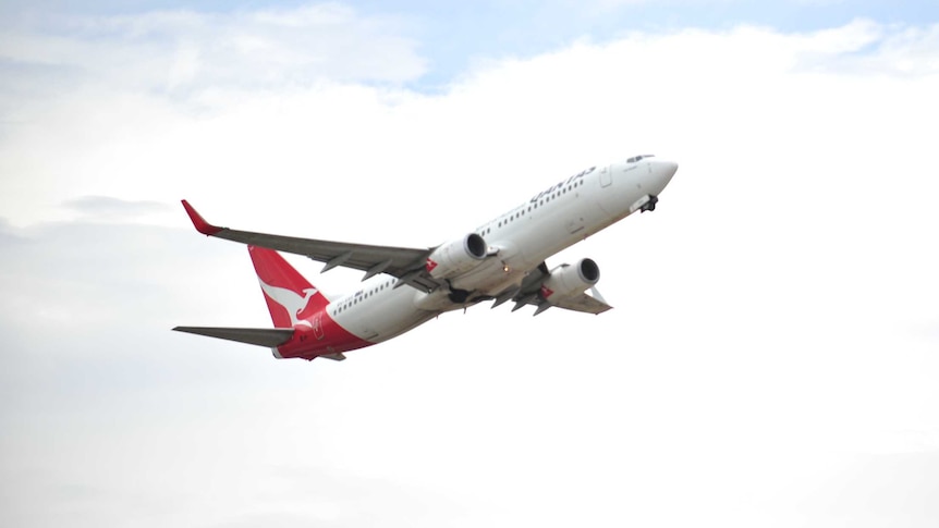A Qantas aeroplane takes off in the air
